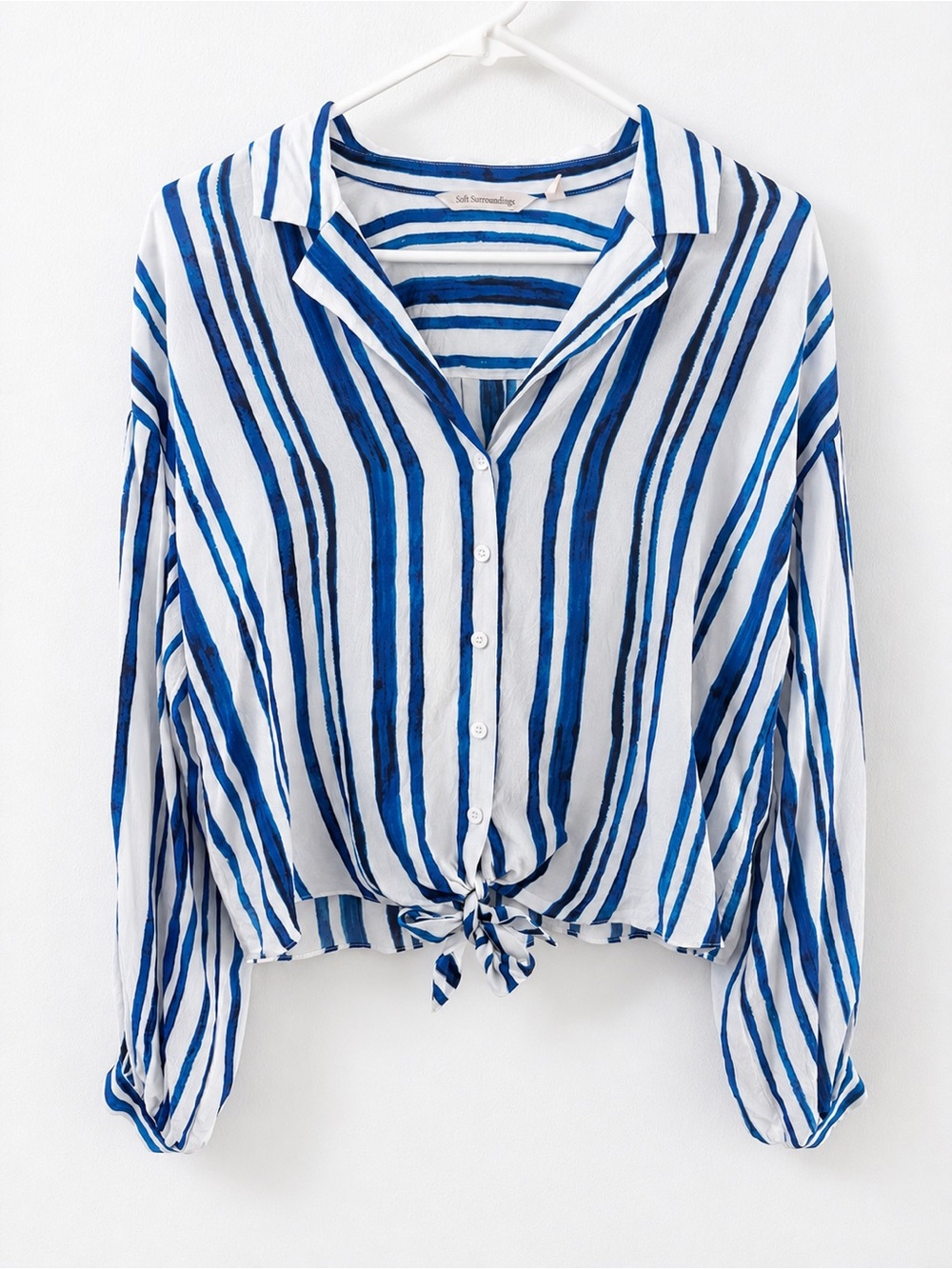 Soft Surroundings Blue Striped Silk Tie Front Button Down Shirt Size M Coastal